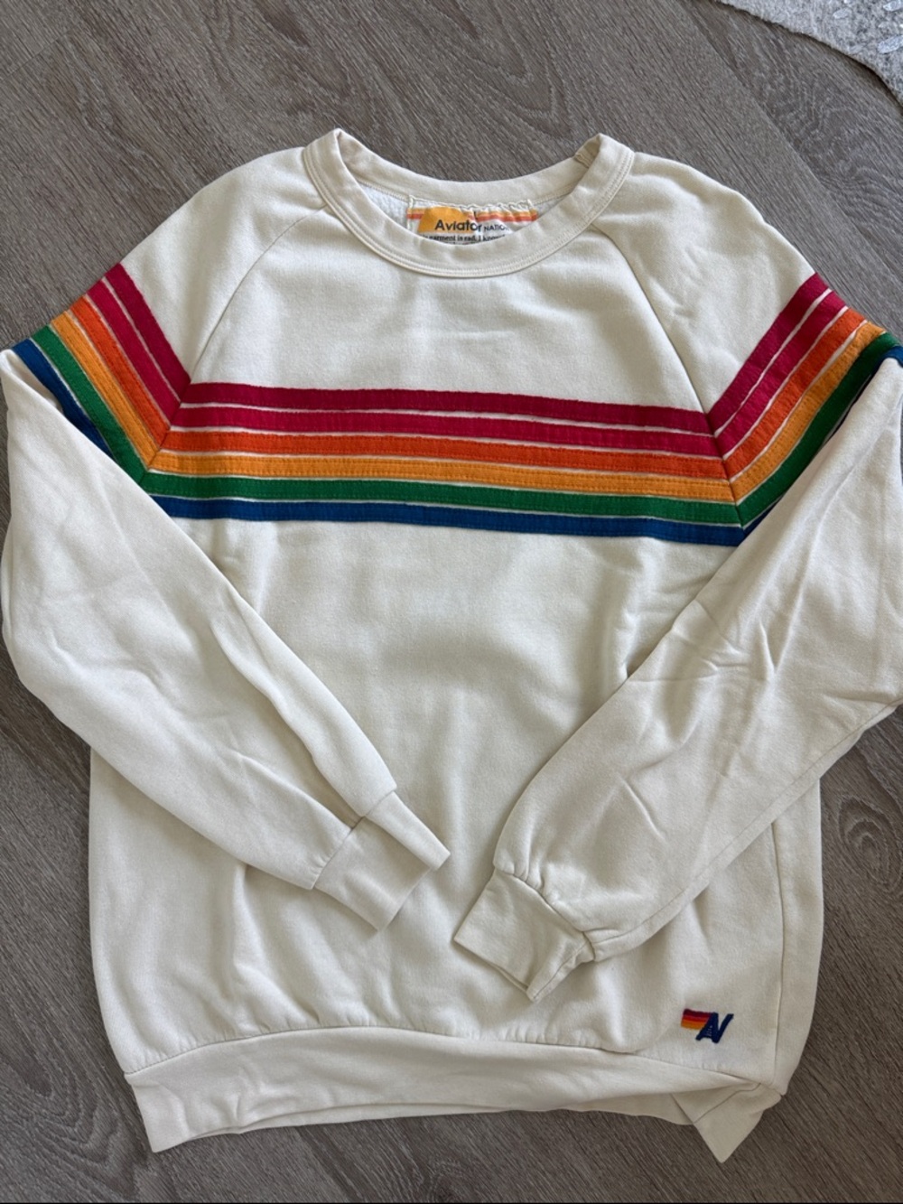 Aviator Nation Cream Crewneck with Rainbow Chest Stripes